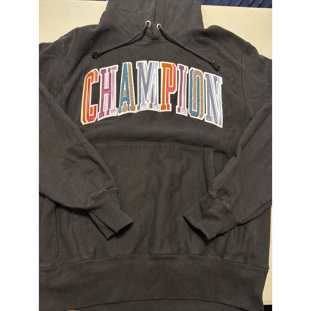 CHAMPION Reverse Weave M Medium Vintage Hoodie Black+ Embossed Logo Y2K